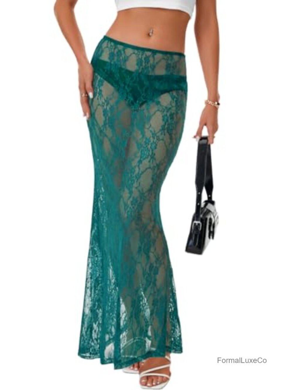 Women's Sheer Lace A-Line Maxi Skirt Flowy Cover-Up